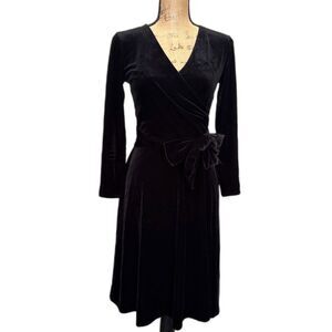 Talbots Belted Faux Wrap Dress Black‎ Velvet Holiday Party Chic Size 4 Petite